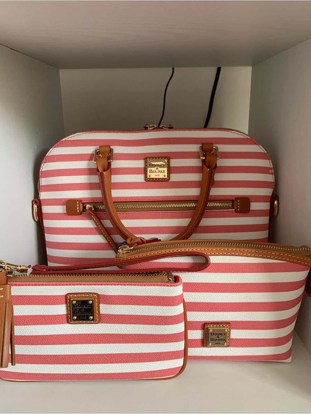 Dooney & Bourke Coral and White Striped Dome Satchel Set